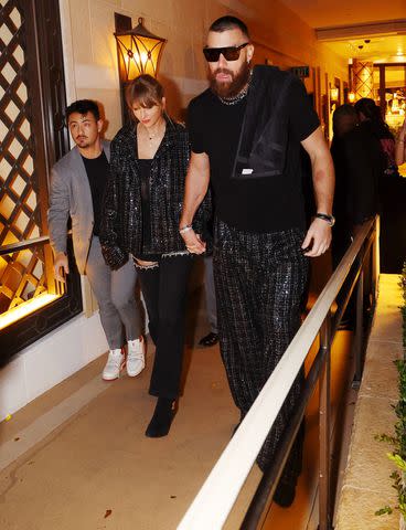 <p>Danny Mahoney</p> Taylor Swift and Travis Kelce arriving at the 2024 Super Bowl after party.