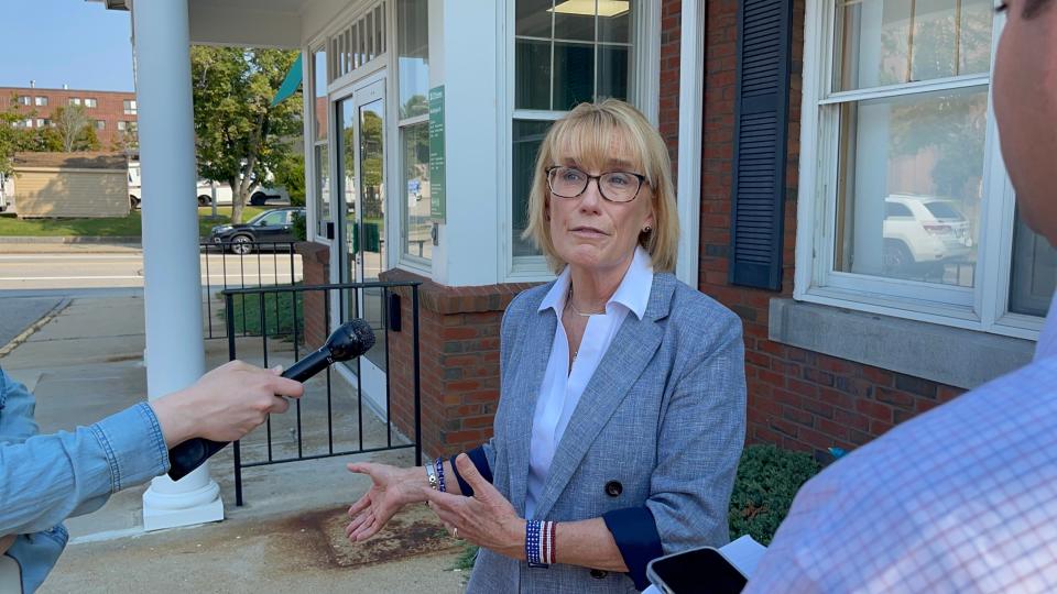 Sen. Maggie Hassan speaks with reporters Sept. 10, 2022, after a canvassing kickoff event with Democrats in Dover.