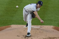 New York Yankees' Gerrit Cole delivers a pitch during the first inning of a baseball game against the Boston Red Sox Friday, Aug. 14, 2020, in New York. (AP Photo/Frank Franklin II)