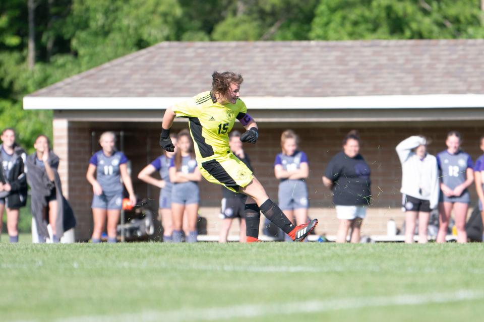 Lakeview senior Ella Seiler kicks the ball during a district tournament game against Battle Creek Central at Lakeview High School on Wednesday, May 24, 2023.