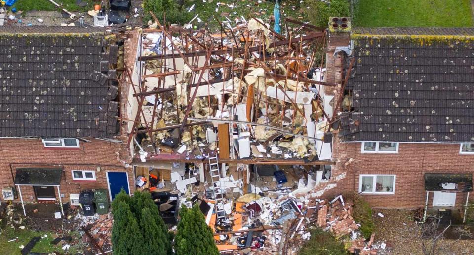 Four people have been hurt - one seriously injured - after the explosion flattened the property in Hemmingway, Evesham, Worcs