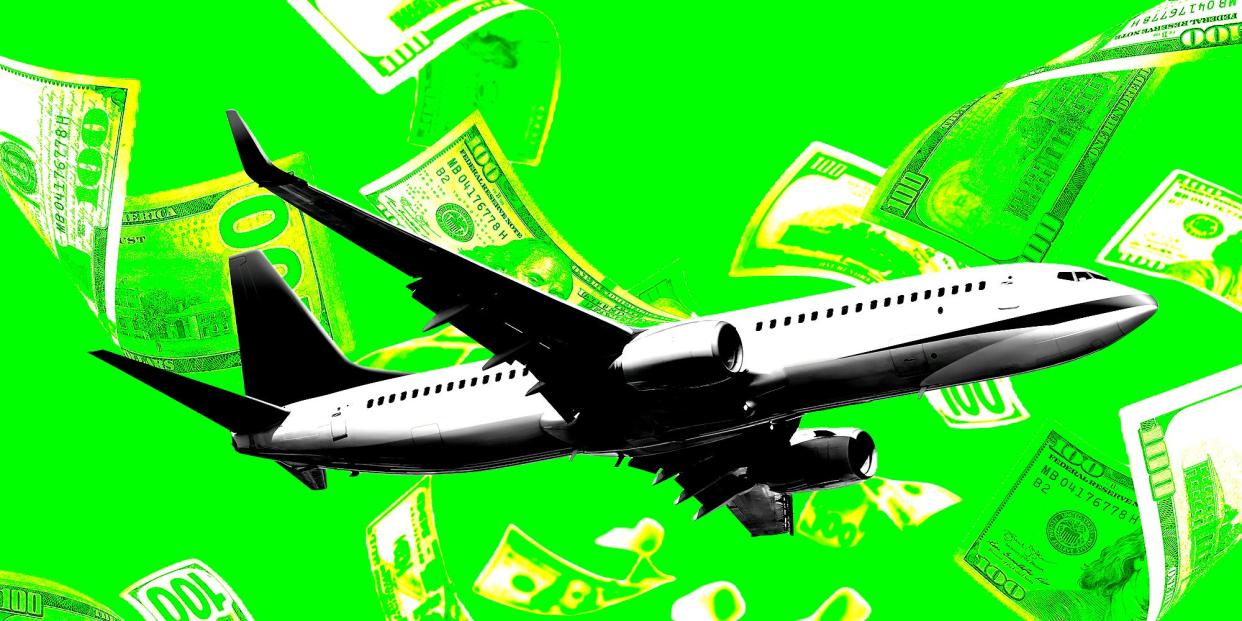 A plane flying through money