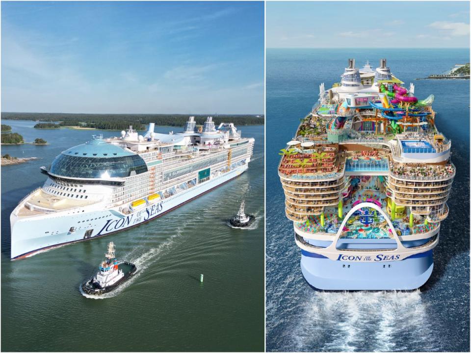 Royal Caribbean's Icon of the Seas during sea trial collaged with a rendering of the ship