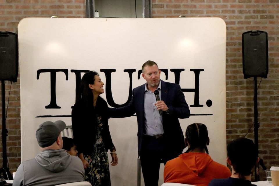 Jake Chapman, right, an Iowa co-chairman for the Vivek 2024 campaign and former president of the Iowa State Senate, introduces Apoorva Ramasawmy at an event in Ankeny, Iowa, on Saturday, Nov. 18, 2023. | Sam Benson, Deseret News