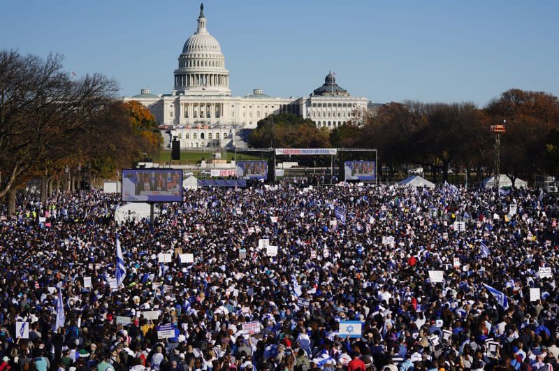 Thousands attend Tuesday's "March for Israel" on the National Mall in Washington, D.C., to denounce anti-Semitism, express American solidarity with Israel and demand the release of hostages being held by Hamas. Photo by Bonnie Cash/UPI