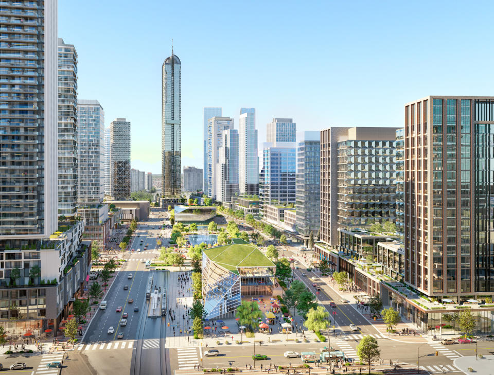 Aerial view of The Strand, with Transit Mobility Hub in the foreground connected to the Hurontario LRT (CNW Group/Oxford Properties Group Inc.)