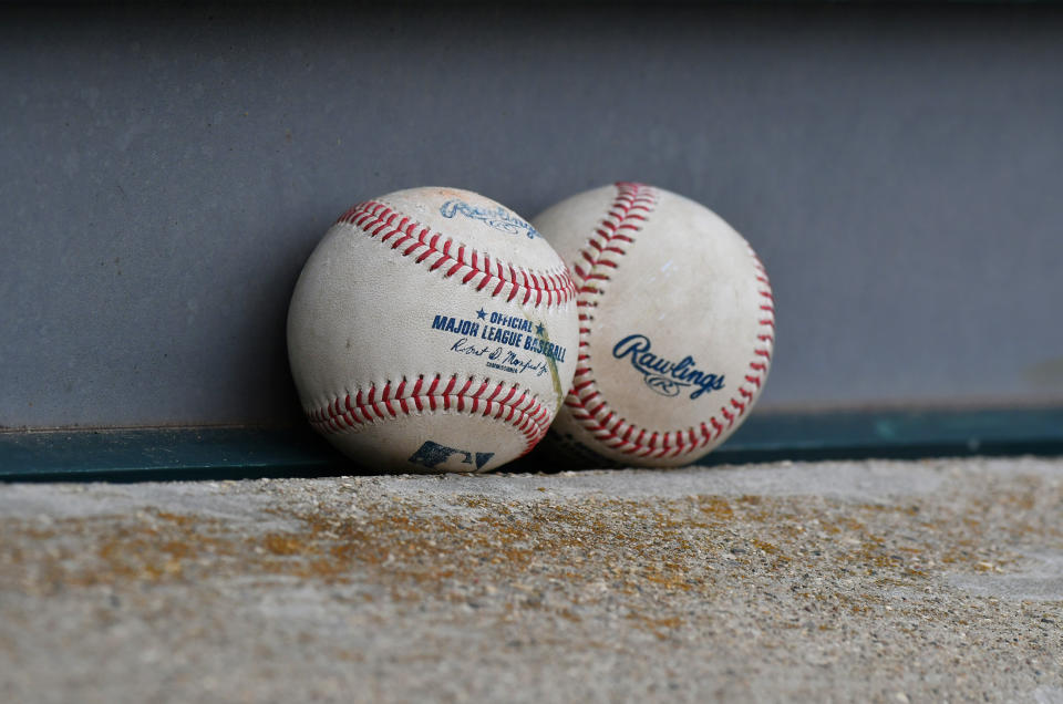 DETROIT, MI - MAY 04:  A detailed view of a pair of game used official Rawlings Major League baseballs sitting in the dugout during game two of a doubleheader between the Pittsburgh Pirates and the Detroit Tigers at Comerica Park on May 4, 2022 in Detroit, Michigan. The Pirates defeated the Tigers 7-2.  (Photo by Mark Cunningham/MLB Photos via Getty Images)