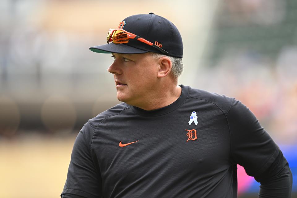 Detroit Tigers manager A.J. Hinch (14) looks on during the first inning against the Minnesota Twins at Target Field in Minneapolis on Sunday, June 18, 2023.