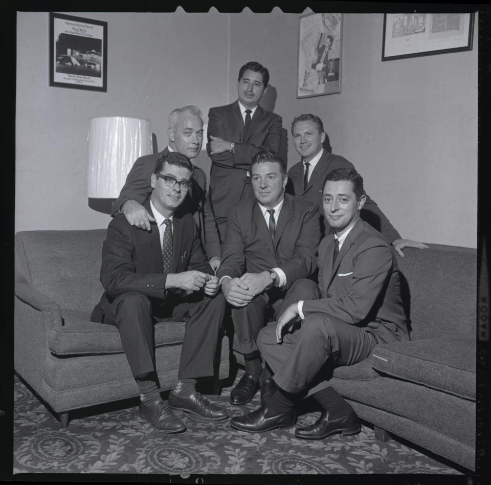 The late journalist Ruben Salazar, standing in the back, with other L.A. Times reporters (UCLA Charles E. Young Research Library / Los Angeles Times Photographic Archive )