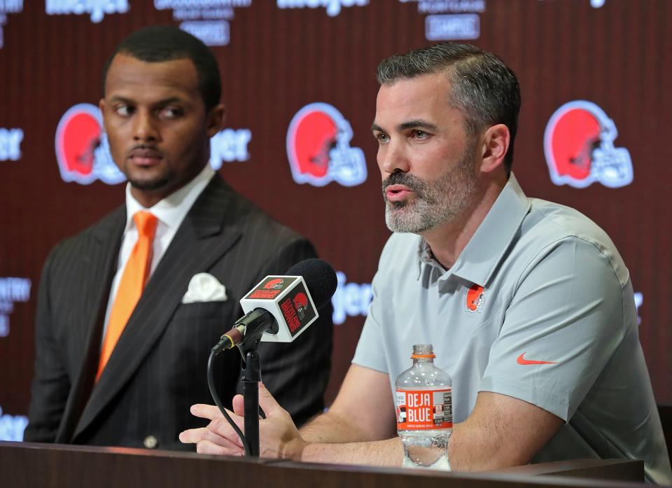 Cleveland Browns head coach Kevin Stefanski (right) addresses Deshaun Watson's off-the-field baggage during his introductory press conference.