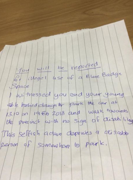 Alan shared the offending note after it was left on his wife's car. Photo: Facebook/Alan Tanner