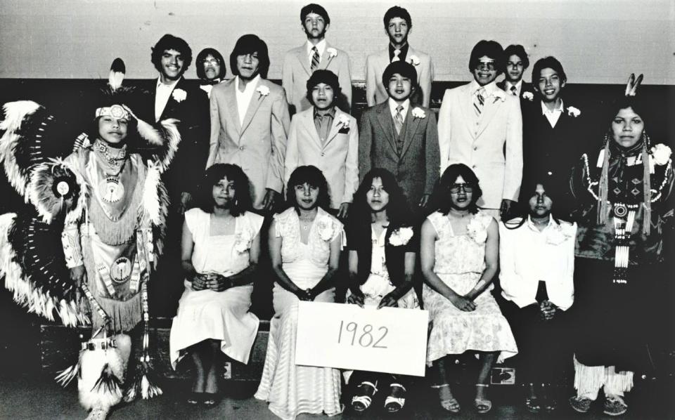In May 1982, graduates of Concho School pose during the Native American boarding school's 110th graduation ceremony.