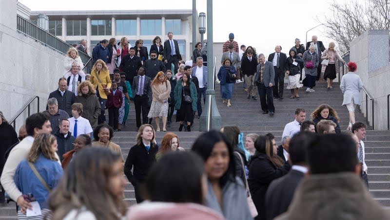 Conferencegoers walk down the steps after the Sunday morning session of the 194th Annual General Conference of The Church of Jesus Christ of Latter-day Saints at the Conference Center in Salt Lake City on April 7, 2024.