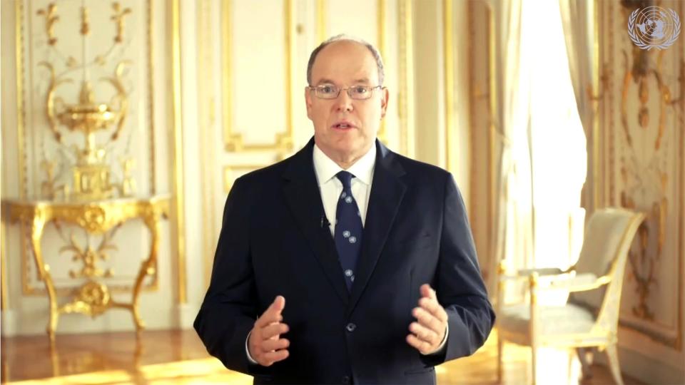 Prince Albert II of Monaco speaks in a pre-recorded message which was played during the 75th session of the United Nations General Assembly, Thursday Sept. 24, 2020, at U.N. headquarters, in New York.