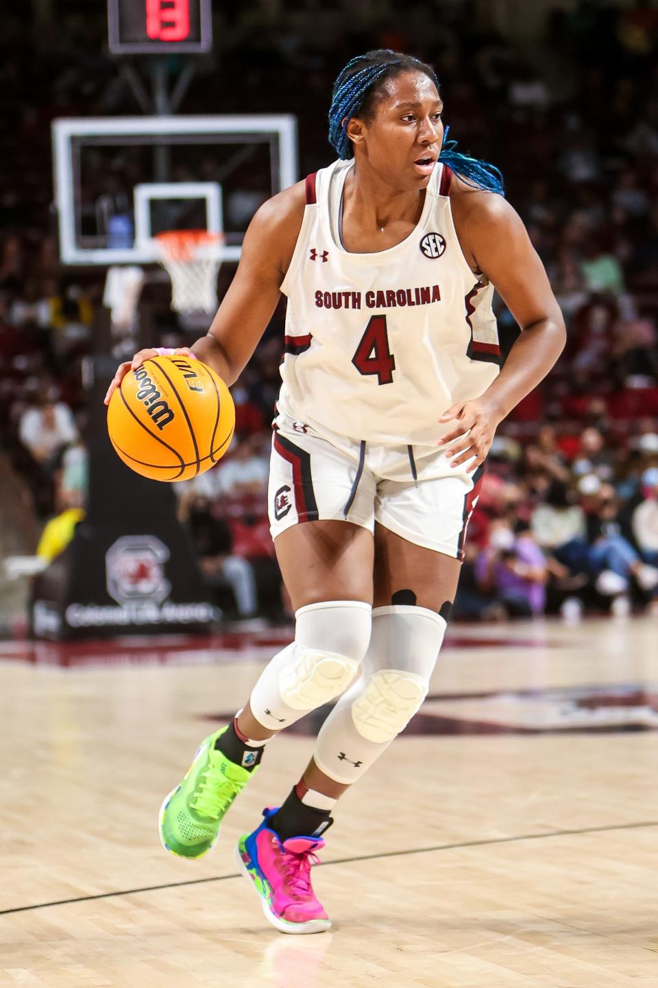 Feb 17, 2022; Columbia, South Carolina, USA; South Carolina Gamecocks forward Aliyah Boston (4) brings the ball up against the Auburn Tigers in the first half at Colonial Life Arena. Mandatory Credit: Jeff Blake-USA TODAY Sports