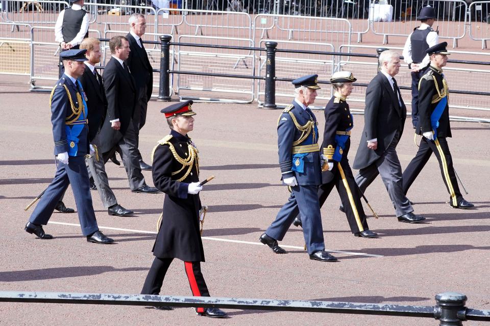 King Charles III, Princess Anne, Prince Andrew, Prince Edward, Prince William, Prince Harry and Peter Phillips march forward (AP)