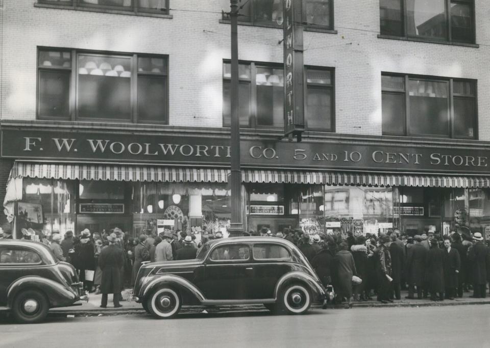 A crowd outside of the F. W. Woolworth Co. at 1261 Woodward in Detroit, Michigan, during a strike on March 2, 1937.