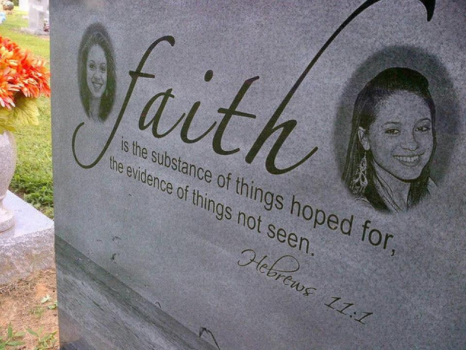 The marker on Faith Hedgepeth’s grave says Faith is the substance of things hoped for, the evidence of things not seen.