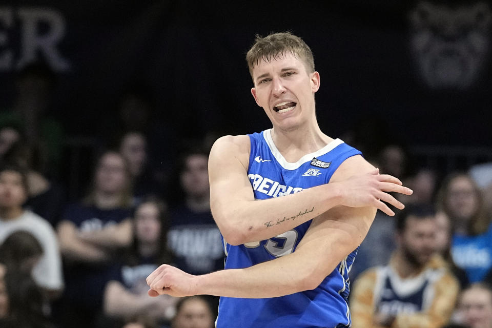 Creighton's Baylor Scheierman reacts during the second half of an NCAA college basketball game against Butler, Saturday, Feb. 17, 2024, in Indianapolis. (AP Photo/Darron Cummings)