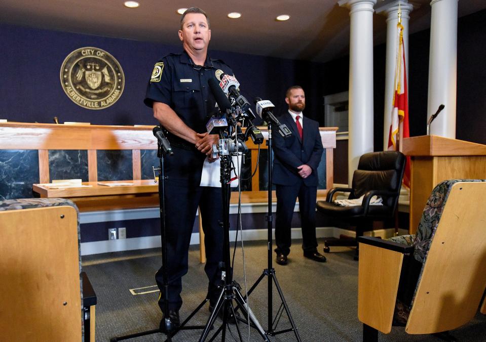 Albertville Police Chief Jamie Smith speaks during a news conference at city hall in Albertville, Ala., on Tuesday June 15, 2021. A fatal workplace shooting happened at the Mueller Co. in Albertville early Tuesday morning.