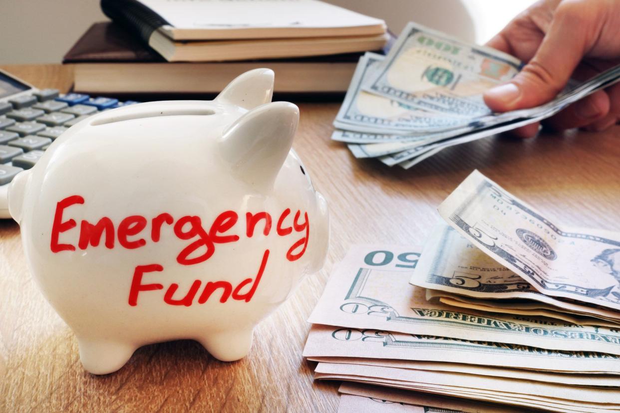 emergency fund piggy bank, cash beside it