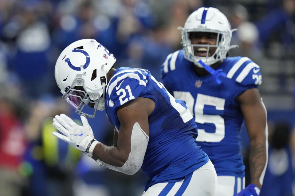 Indianapolis Colts running back Zack Moss (21) celebrates after a 15-yard touchdown during the second half of an NFL football game between the Houston Texans and Indianapolis Colts, Sunday, Jan. 8, 2023, in Indianapolis. (AP Photo/AJ Mast)