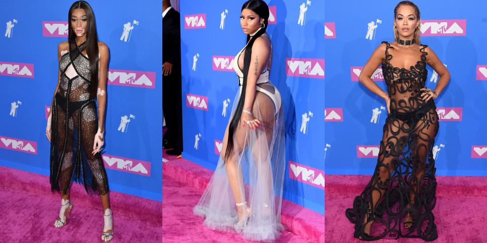 <p>The VMAs are no stranger to naked dresses. So it's no surprise that this year's red carpet was filled with plenty of sheer gowns, sequins, and skin. From Rita Ora to Winnie Harlow, Nicki Minaj, and more, the naked dress attendees outweighed the fully clothed at this year's award ceremony (though attendees like Kylie Jenner and Steven Tyler opted to go the fully dressed route). Click through to see all the most naked looks at the 2018 VMAs. </p>