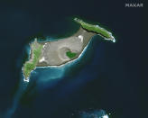 This satellite image provided by Maxar Technologies shows an overview of Hunga Tonga Hunga Ha’apai volcano in Tonga on April 10, 2021. (Satellite image ©2022 Maxar Technologies via AP)