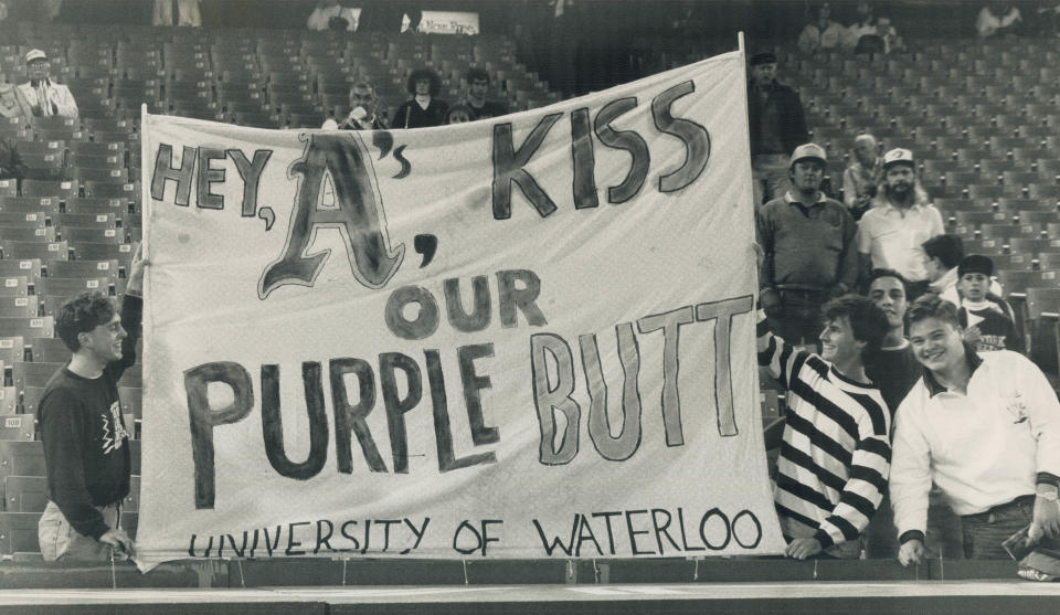 October 6, 1989: A group of spectators at the SkyDome, taking a page out of the George Bell quote-book, gave the visitors the raspberry with this bit of purple prose. (Photo by Mike Slaughter/Toronto Star via Getty Images)