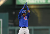 Chicago Cubs' Sergio Alcantara gestures at second after his double during the third inning of the team's baseball game against the Washington Nationals, Friday, July 30, 2021, in Washington. (AP Photo/Nick Wass)