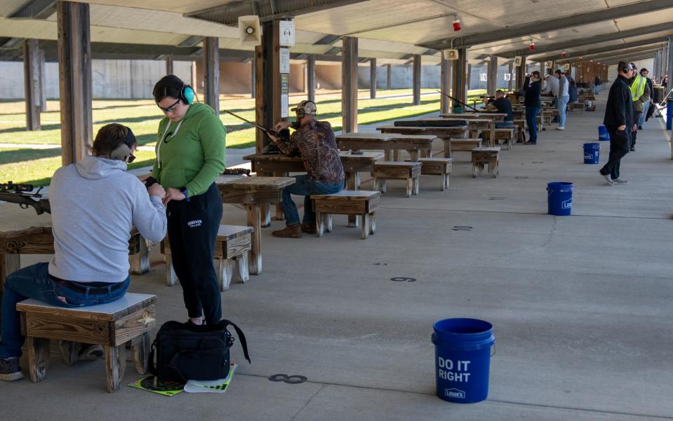 People work on target practicing on Sunday, Nov. 12, 2023, at the Atterbury Shooting Complex in Edinburgh. Lead is commonly used in shotgun shells and bullet rounds found here.