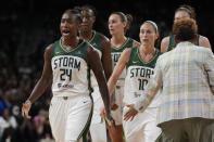 Seattle Storm guard Jewell Loyd (24) celebrates after a play against the Las Vegas Aces during the second half in Game 1 of a WNBA basketball semifinal playoff series Sunday, Aug. 28, 2022, in Las Vegas. (AP Photo/John Locher)