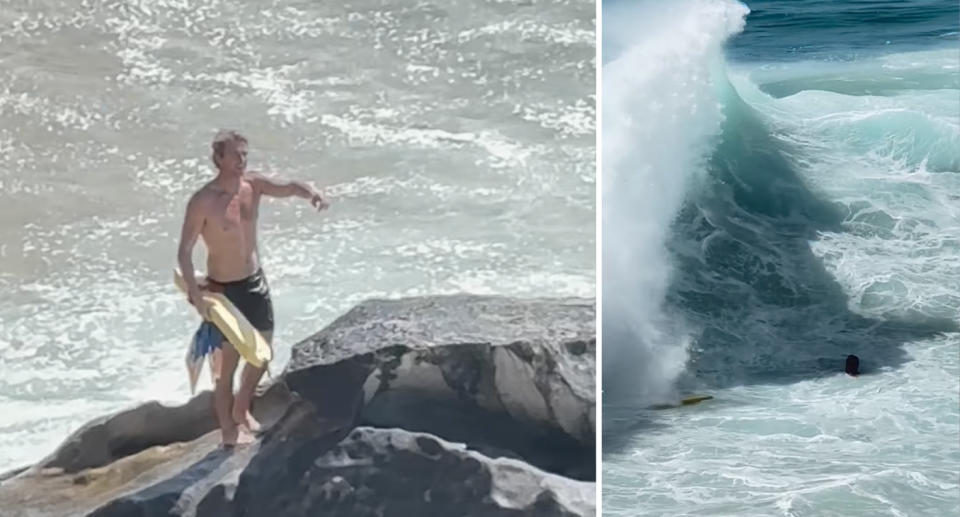 Left, Luke Faddy stands on rocks pointing to the surfer in the water. Right, Like tackles the large waves with a rescue float dragged behind him. 