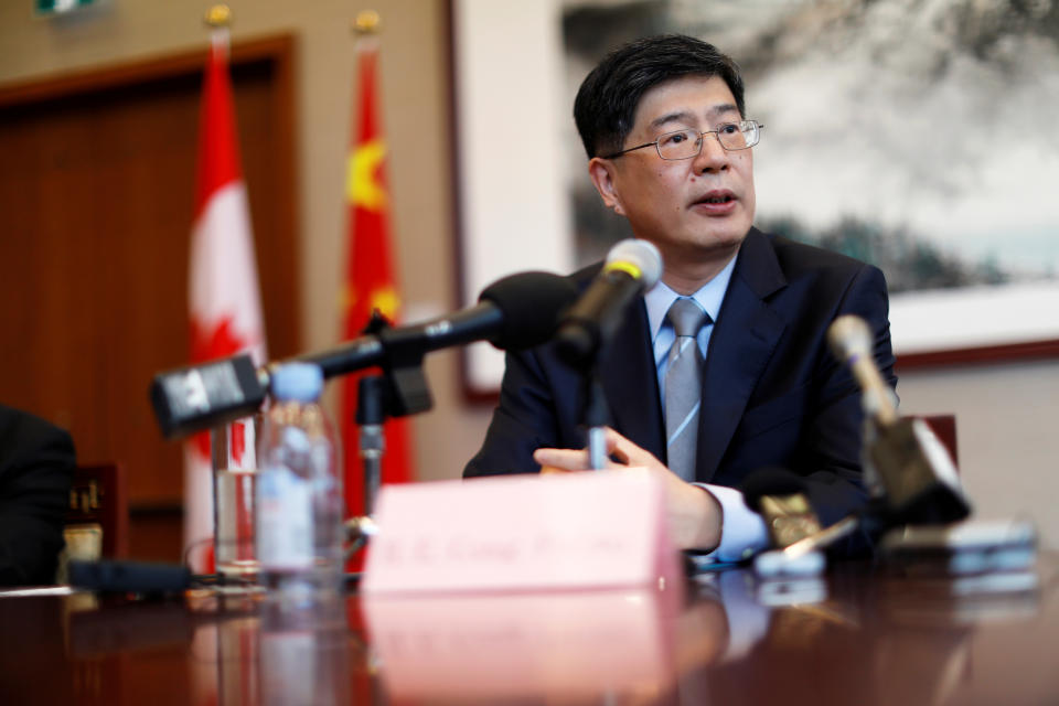 China's new ambassador to Canada Cong Peiwu speaks during a news conference for a small group of reporters at the Chinese Embassy in Ottawa, Canada November 22, 2019.  REUTERS/Blair Gable