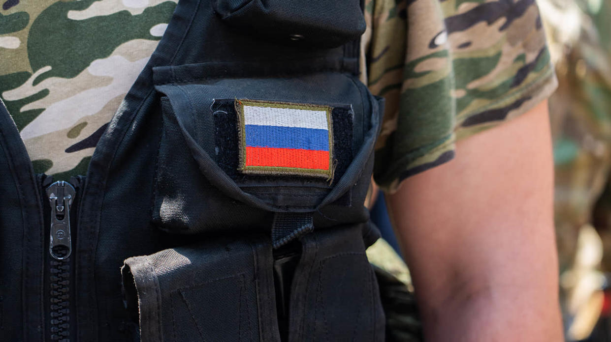 A Russian military patch on a Russian soldier’s uniform. Stock photo: Getty Images
