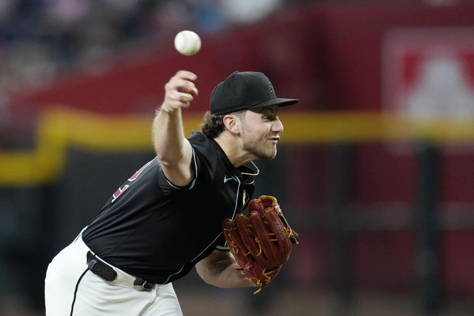 Arizona Diamondbacks starting pitcher Brandon Pfaadt throws against the Los Angeles Dodgers during the first inning of a baseball game Sunday, Sept. 1, 2024, in Phoenix. (AP Photo/Ross D. Franklin)