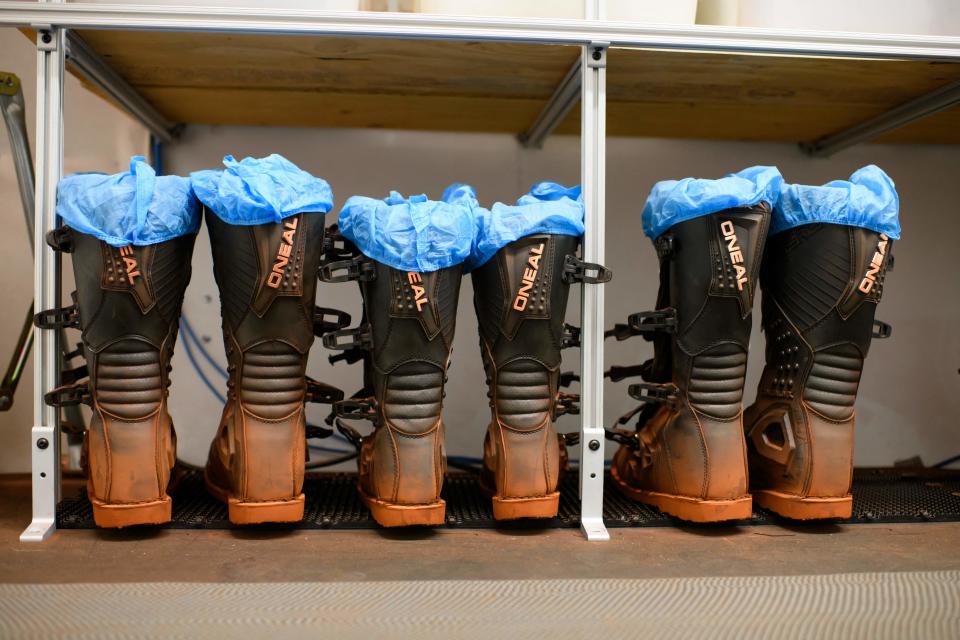 Boots used for a simulated Mars exterior portion at the CHAPEA's Mars Dune Alpha at the Johnson Space center in Houston, Texas on April 11, 2023.