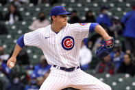 Chicago Cubs starting pitcher Keegan Thompson, makes his major league debut as a starter, during the first inning of a baseball game against the Los Angeles Dodgers Tuesday, May 4, 2021, in Chicago. (AP Photo/Charles Rex Arbogast)