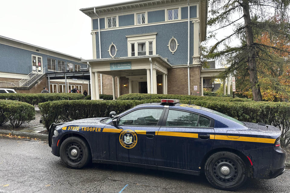 A New York State Police Department cruiser is parked in front of Cornell University's Center for Jewish Living, in Ithaca, NY, Monday, Oct 30, 2023. Threatening statements about Jews on an internet discussion board have unnerved students at Cornell University and prompted officials to send police to guard a Jewish center and kosher dining hall. (AP Photo/David Bauder)