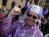 Fremantle Dockers supporters gather for the AFL Grand Final parade Collins Street in Melbourne, Friday, Sept. 27, 2013. Photo: AAP