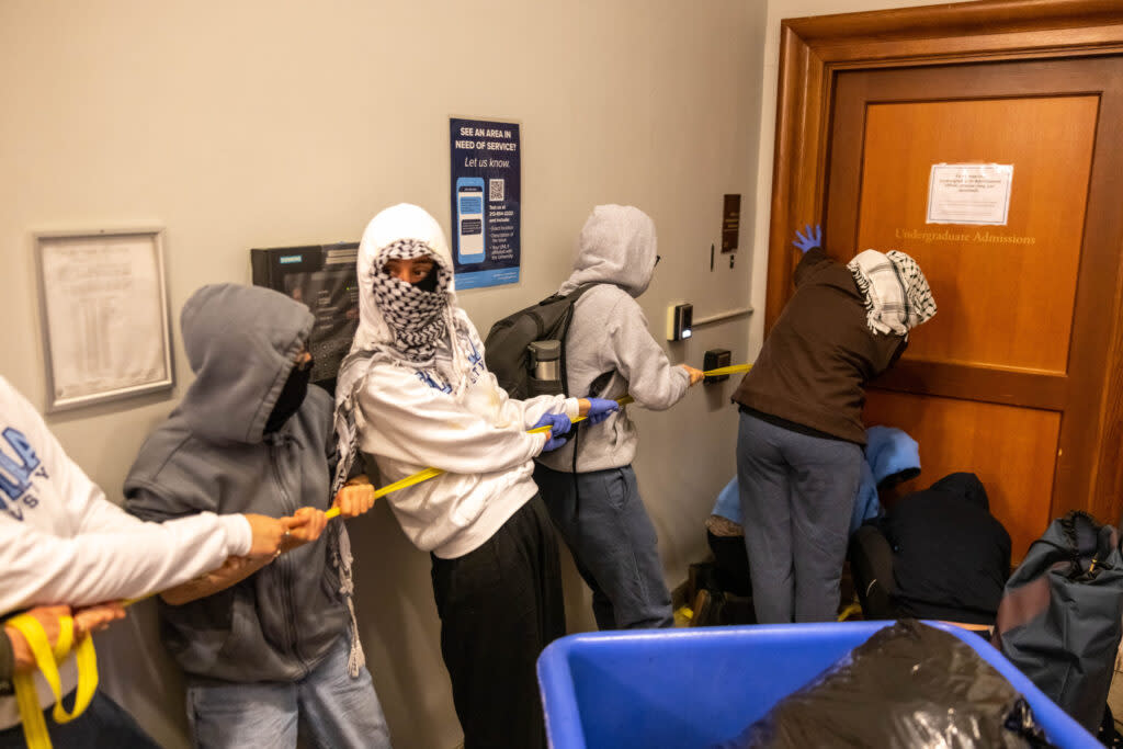 Demonstrators supporting Palestinians in Gaza barricade themselves inside Hamilton Hall, an academic building at Columbia University, on April 30, 2024, in New York City.