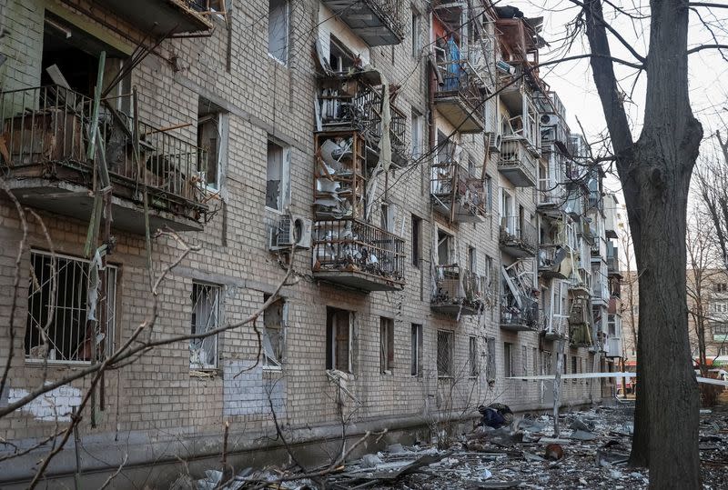 Site where buildings were damaged by a Russian military strike in Kharkiv