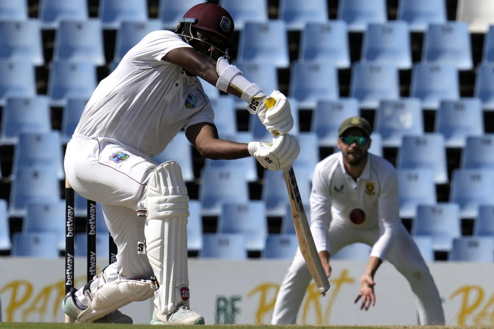 West Indies's batsman Raymon Reifer plays a shot during the second day of the first test cricket match between South Africa and West Indies, at Centurion Park in Pretoria, South Africa, Wednesday, March 1, 2023. (AP Photo/Themba Hadebe)