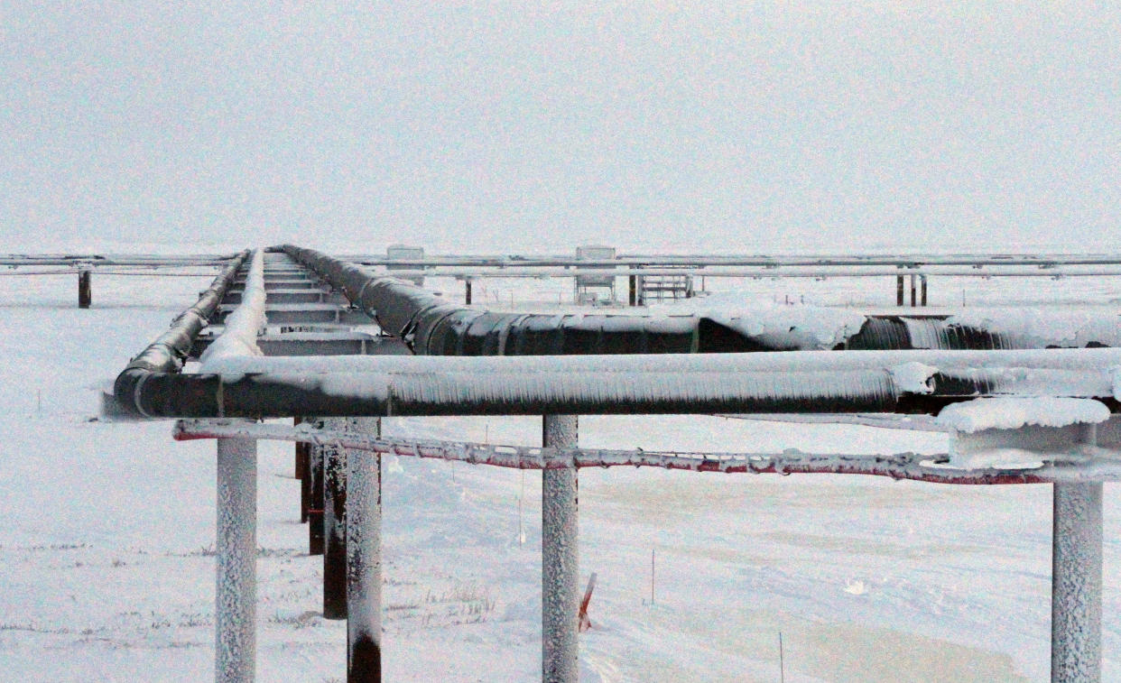 This Feb. 9, 2016, photo shows ice forming on pipelines built near the Colville-Delta 5, or as it's more commonly known, CD5, drilling site on Alaska's North Slope. ConocoPhillips in October 2015 became the first to drill for oil in the National Petroleum Reserve-Alaska, a region the size of Indiana set aside by President Warren G. Harding in 1923. (AP Photo/Mark Thiessen)