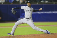 New York Yankees relief pitcher Aroldis Chapman throw to a Toronto Blue Jays batter during the ninth inning of a baseball game Wednesday, June 16, 2021, in Buffalo, N.Y. (AP Photo/Jeffrey T. Barnes)