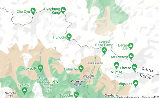 Khumbu peaks map including Hungchi, Everest, Cho Oyu, etc.