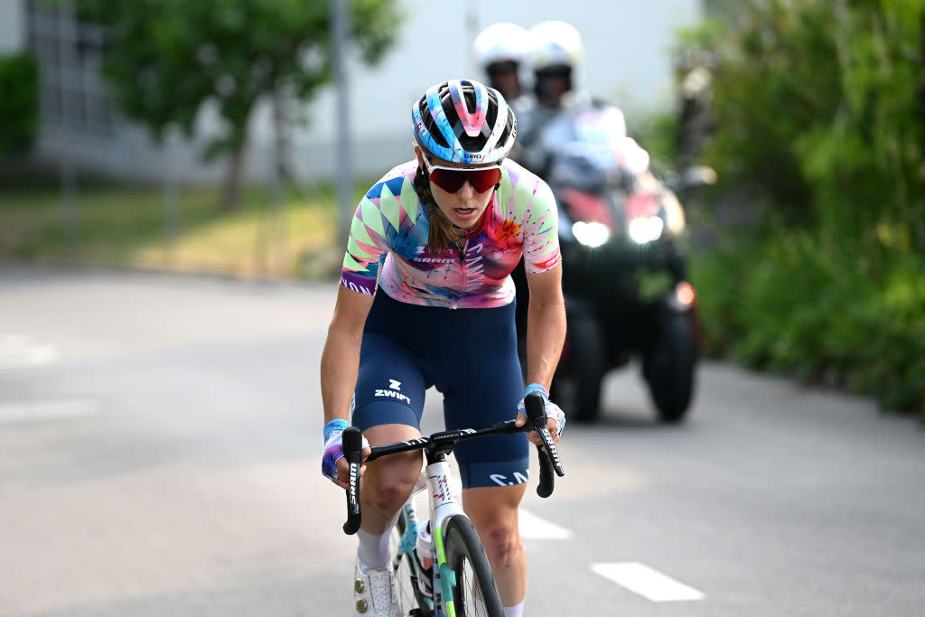  Elise Chabbey on a long-range solo attack during stage 1 at the Tour de Suisse Women 