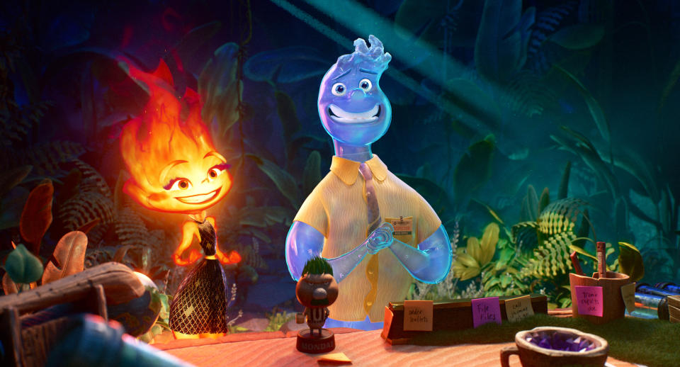 The characters Ember and Wade in Pixar's film Elemental