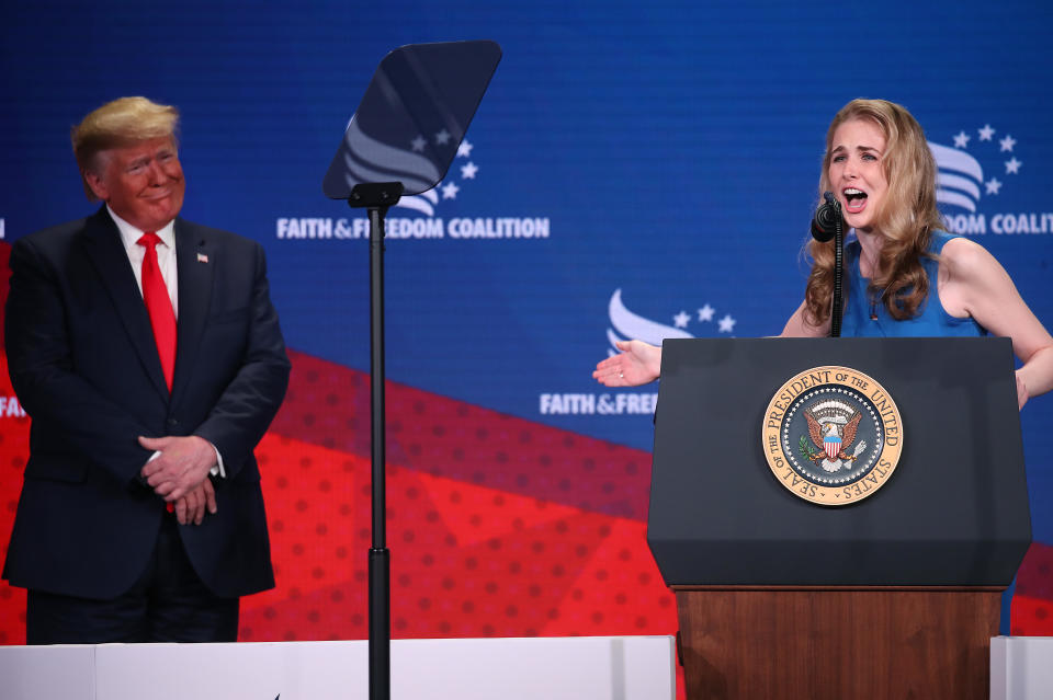 Cancer activist Natalie Harp speaks after being called on stage by U.S. President Donald Trump (Photo by Mark Wilson/Getty Images)