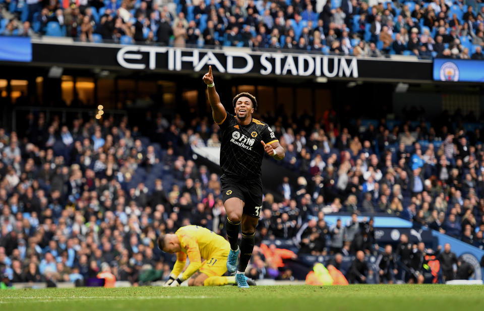 MANCHESTER, ENGLAND - OCTOBER 06: Adama Traore of Wolverhampton Wanderers celebrates after scoring a goal to make it 0-1 during the Premier League match between Manchester City and Wolverhampton Wanderers at Etihad Stadium on October 6, 2019 in Manchester, United Kingdom. (Photo by Sam Bagnall - AMA/Getty Images)